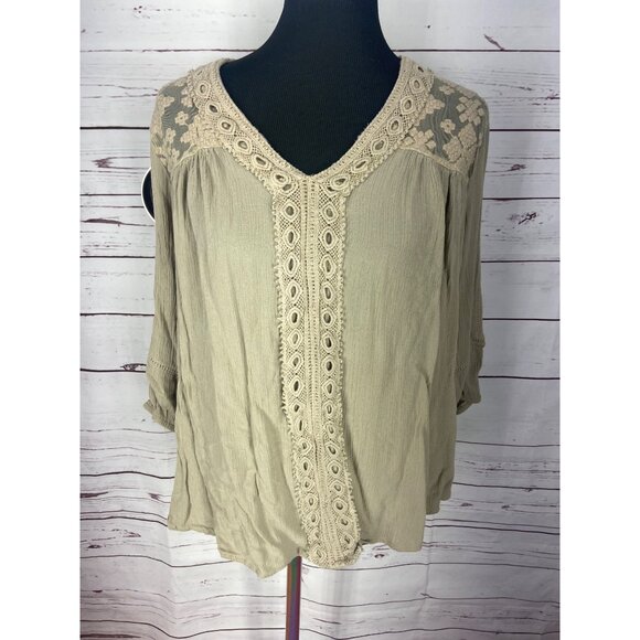New Direction Tan Boho-Style V-Neck Blouse With Lace Details & 3/4 Sleeves For W - Picture 5 of 8